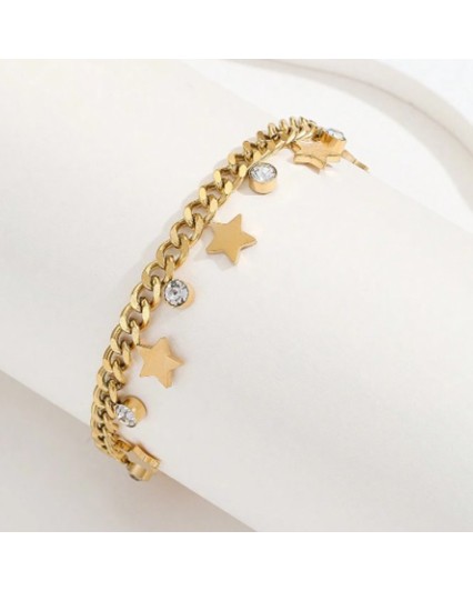 Bracciale con stelle e zirconi bianchi pendenti in acciaio placcato oro