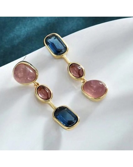 Orecchini pendenti con pietre  cristallo incastonate rosa blu