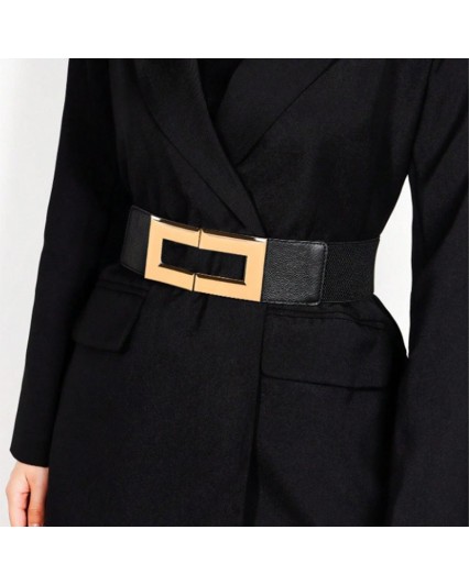 Cintura donna elastica nera con fibbia in oro quadrata