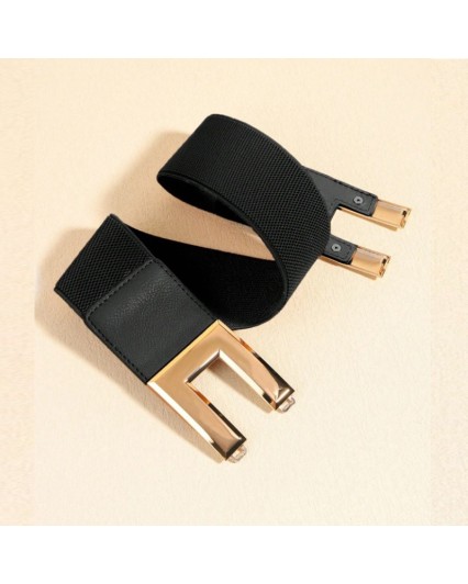 Cintura donna elastica nera con fibbia in oro quadrata