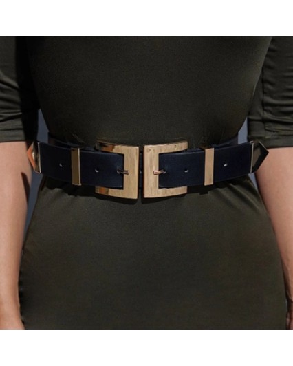 Cintura da donna nera in ecopelle con doppia fibbia dorata