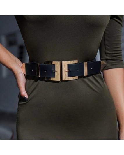Cintura da donna nera in ecopelle con doppia fibbia dorata