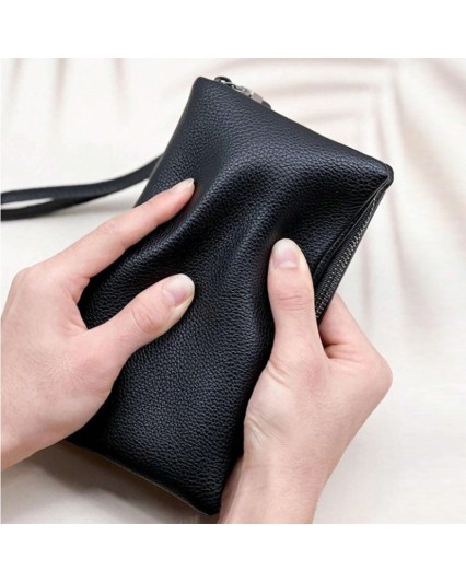 Pochette da donna in ecopelle nera porta cellulare borsellino con laccio da polso