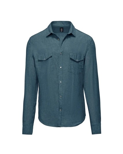 Camicia Rodeo Bomboogie SM7926 TLITP uomo lino cotone blu effetto jeans taschino