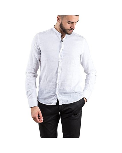 Bomboogie SM5159 camicia Uomo lino bianco collo coreana guru manica lunga