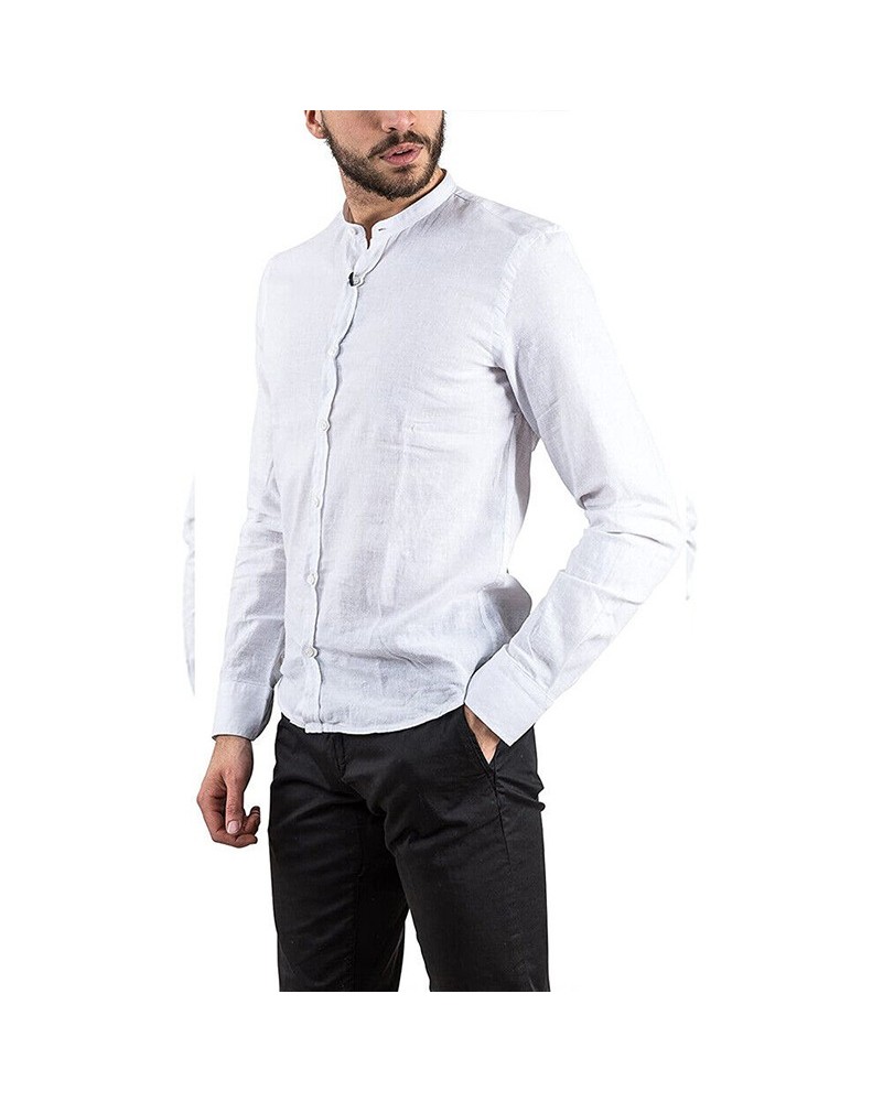 Bomboogie SM5159 camicia Uomo lino bianco collo coreana guru manica lunga