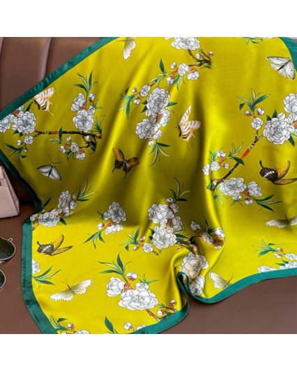 Foulard bandana donna verde fiori e farfalle quadrato