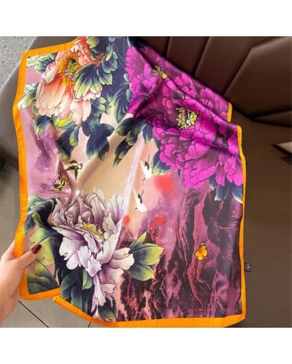 Foulard da donna fantasia floreale viola arancione quadrato