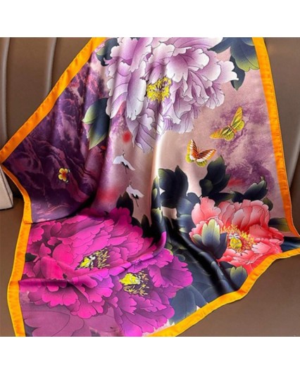 Foulard da donna fantasia floreale viola arancione quadrato