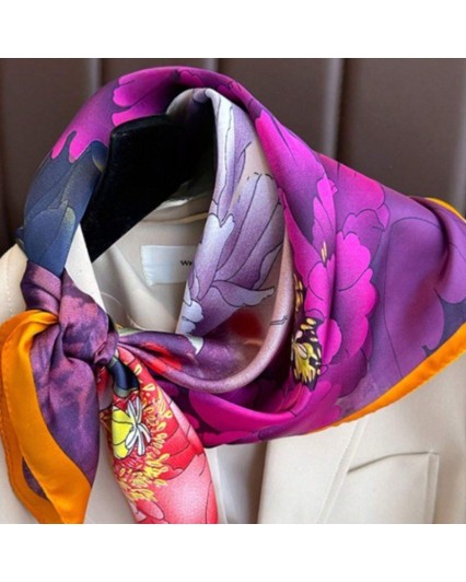 Foulard da donna fantasia floreale viola arancione quadrato