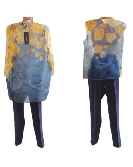 Completo Maria Coca casacca giacca pantalone donna seta giallo blu