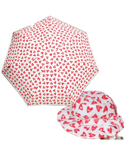 Ombrello Fiorucci piccolo da borsa con cappello pioggia bianco rosso cuori 20 cm